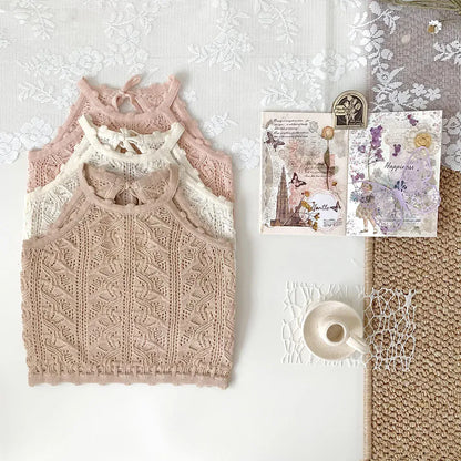 タンクトップ・キャミソール・ノースリーブトップス ベビーキッズトップス レースニット キャミソール バックオープン 3カラー