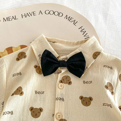 半袖セットアップ キッズセットアップ 3点セット 半袖シャツ 蝶ネクタイ ショートパンツ ベアくまプリント