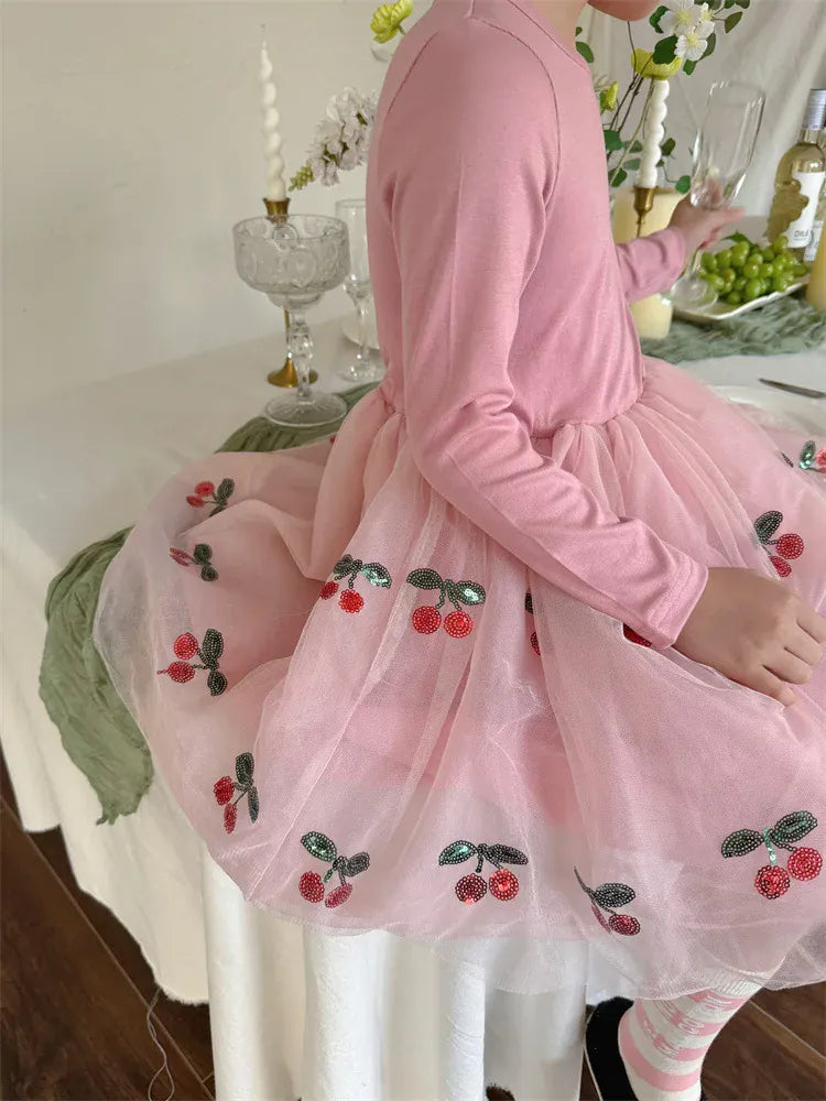 長袖ワンピース キッズワンピース バレリーナドレス チュチュチュールスカート 長袖ワンピース チェリーさくらんぼ フラワー花柄 ねこ猫キャット 刺繍 3カラー