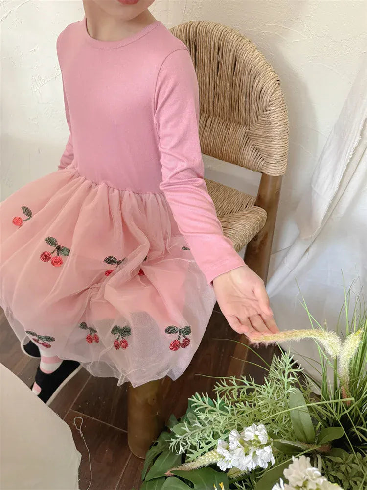 長袖ワンピース キッズワンピース バレリーナドレス チュチュチュールスカート 長袖ワンピース チェリーさくらんぼ フラワー花柄 ねこ猫キャット 刺繍 3カラー