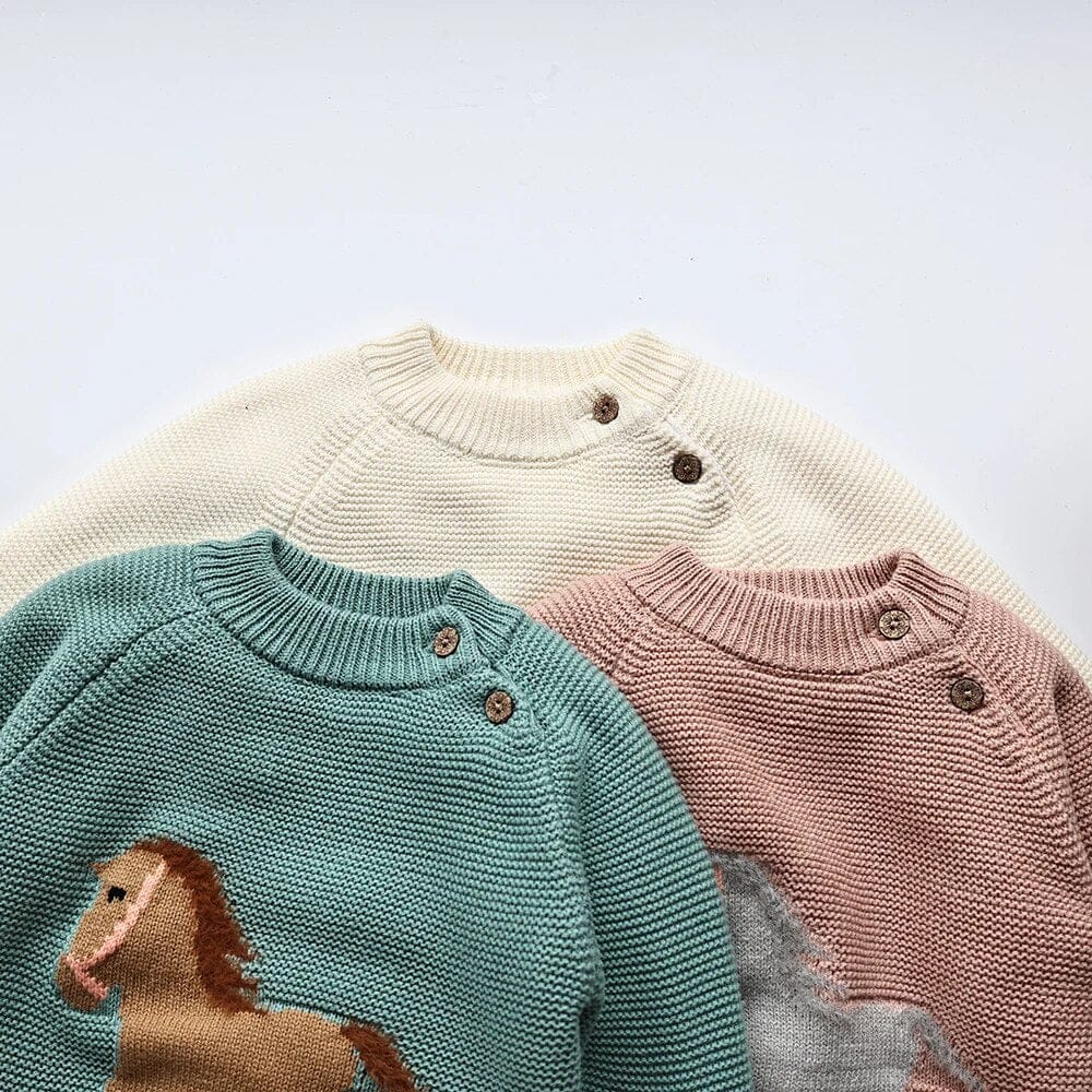 ニット・セーター ☺︎ キッズセーター ニット 裏フリース 馬 ホース ベージュ グリーン ピンク 3カラー ユニセックス 男の子 女の子 子供服