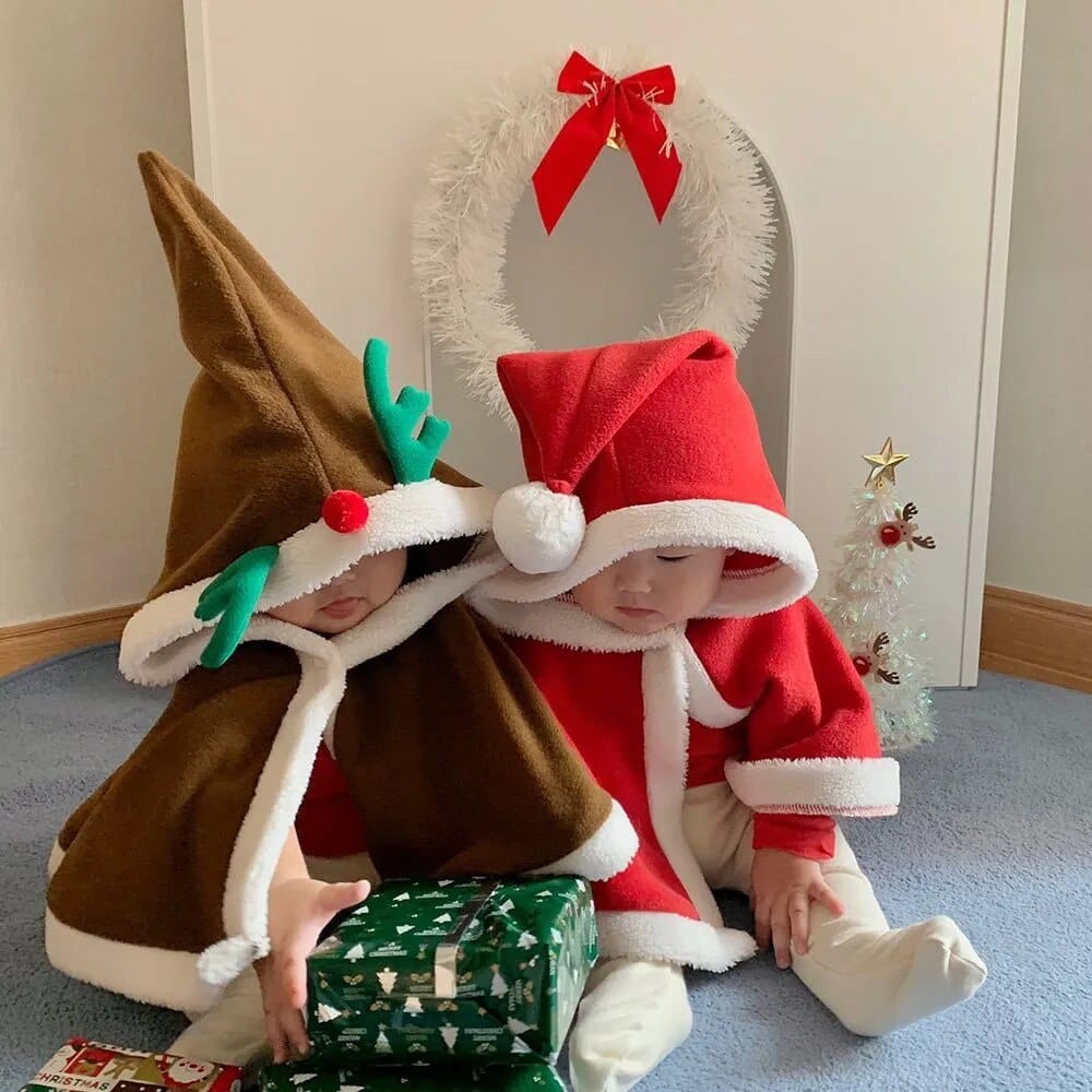 ショートコート・ジャケット・ジャンパー ベビー クリスマスポンチョ ケープ コスチューム フーディ フード サンタ トナカイ レッド グリーン ブラウン 3カラー コスチューム ユニセックス 男の子 女の子 子供服