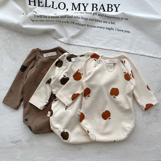 長袖ロンパース ベビー 長袖ロンパース りんご リーフ プリント ナチュラル 3柄 ベージュ ブラウン ユニセックス 男の子 女の子 子供服