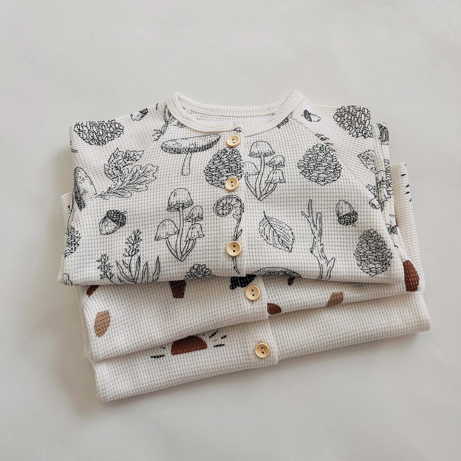 長袖パジャマ キッズ ワッフル 長袖 パジャマセット ボタニカル 幾何学 太陽 ルームウェア 3デザイン ユニセックス