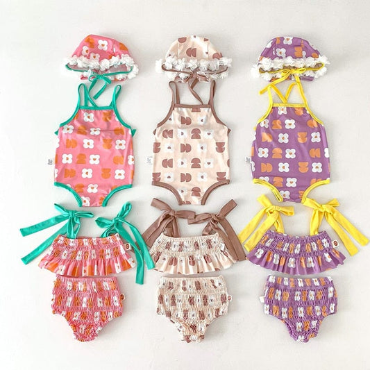 ベビー用水着 ベビー水着 ワンピース スイムウェア フラワー花柄 帽子セット 3カラー【mh0004918】