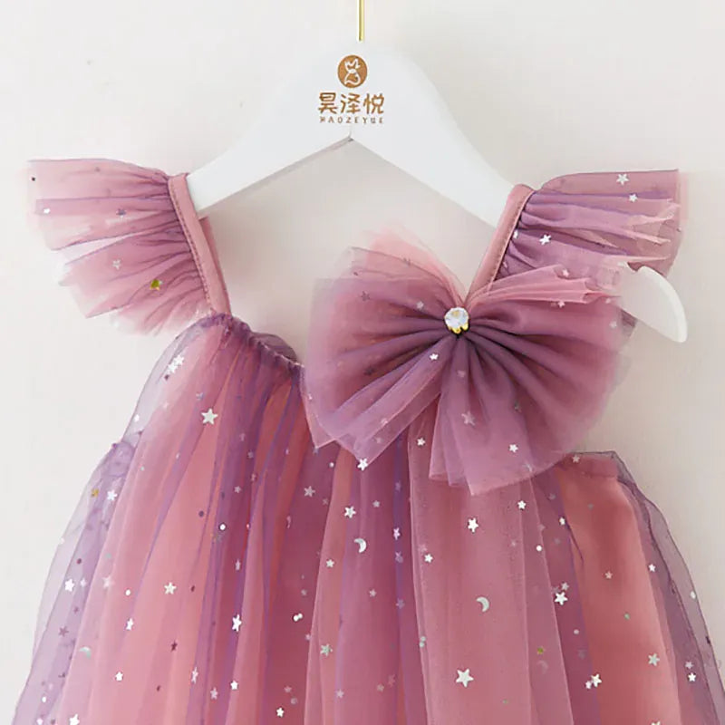 ノースリーブワンピース キッズワンピース チュチュ チュール フリルショルダー サマードレス パーティドレス スパンコール リボン 3カラー【mh0005777】