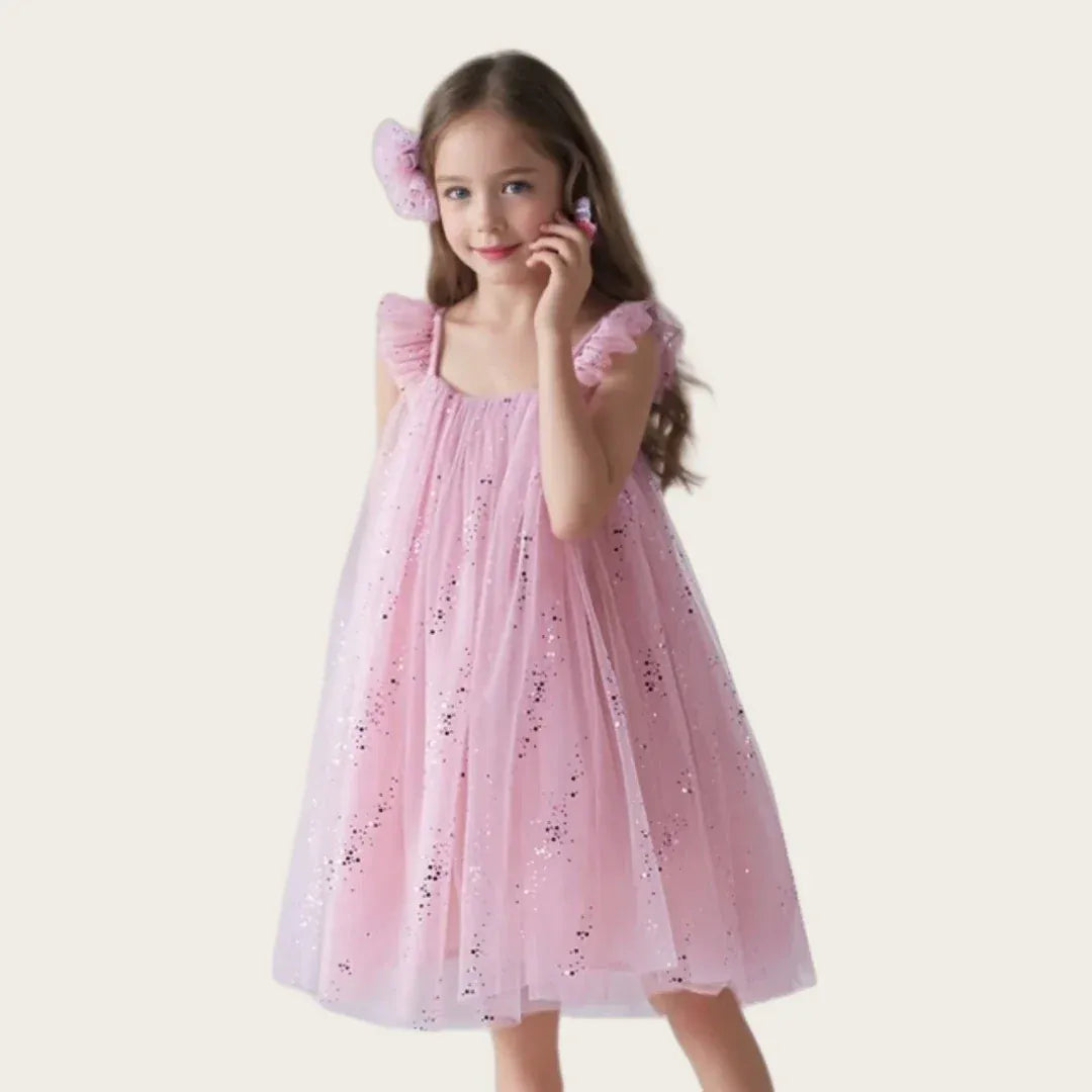 ノースリーブワンピース キッズワンピース チュチュ チュール フリルショルダー サマードレス パーティドレス スパンコール リボン 3カラー【mh0005777】