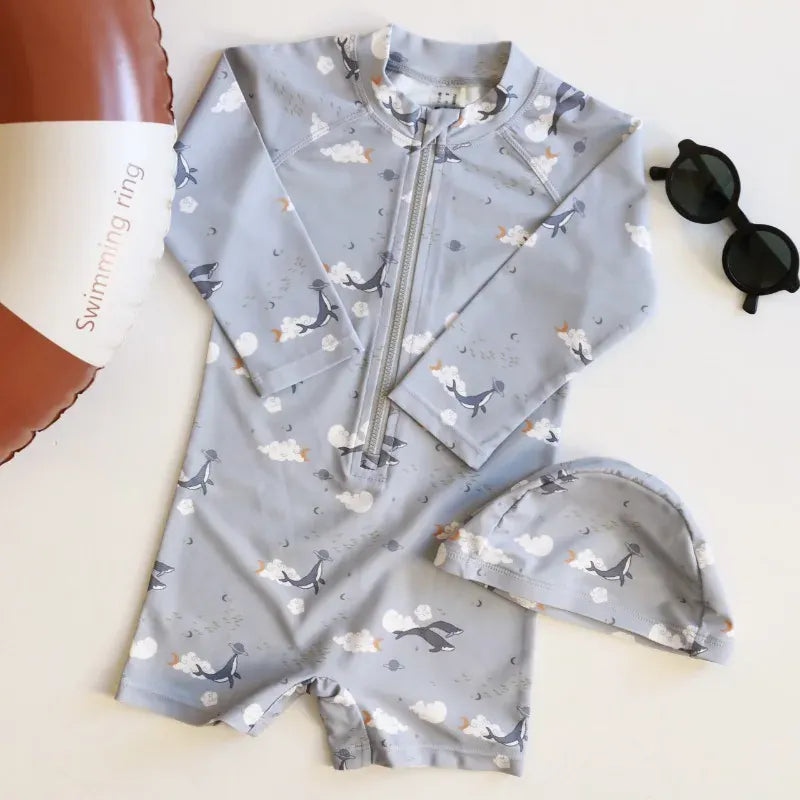 ベビー用水着 キッズ水着 ボーイズ 長袖ジップアップつなぎ ワンピース+帽子セット アニマルサファリ/レモンプリント スイムウェア 3カラー【mh0005983】