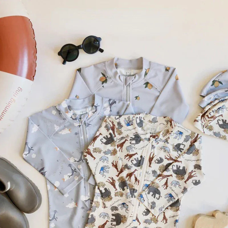 ベビー用水着 キッズ水着 ボーイズ 長袖ジップアップつなぎ ワンピース+帽子セット アニマルサファリ/レモンプリント スイムウェア 3カラー【mh0005983】