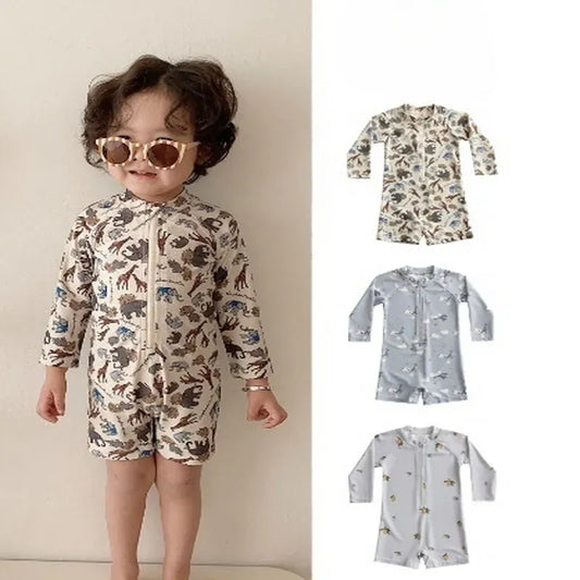 ベビー用水着 キッズ水着 ボーイズ 長袖ジップアップつなぎ ワンピース+帽子セット アニマルサファリ/レモンプリント スイムウェア 3カラー【mh0005983】