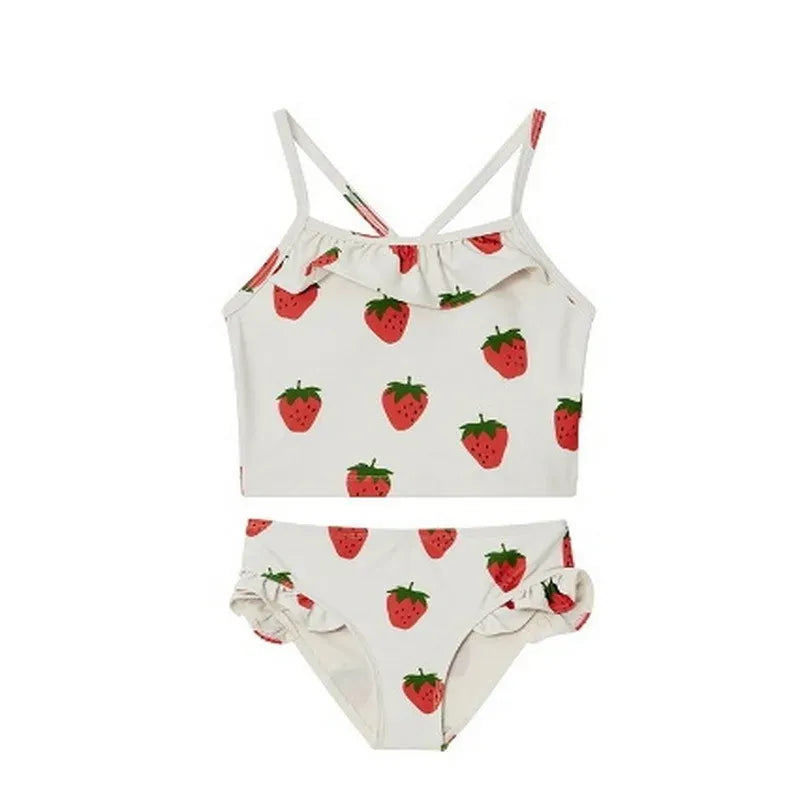 ベビー用水着 キッズ水着 ガールズ ビキニ キャミソールトップス+フリルパンツ フルーツ/フラワープリント 3カラー スイムウェア【mh0005984】