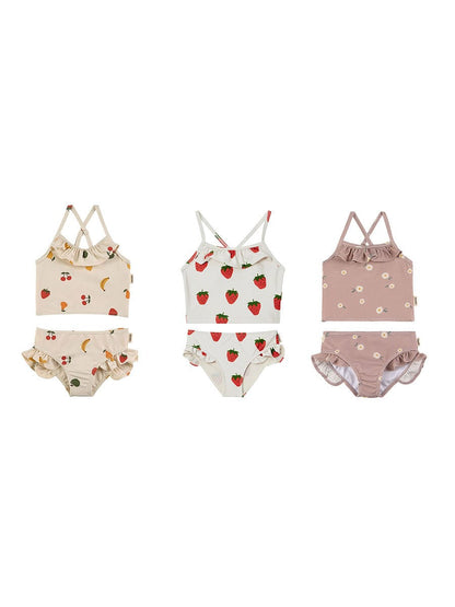 ベビー用水着 キッズ水着 ガールズ ビキニ キャミソールトップス+フリルパンツ フルーツ/フラワープリント 3カラー スイムウェア【mh0005984】