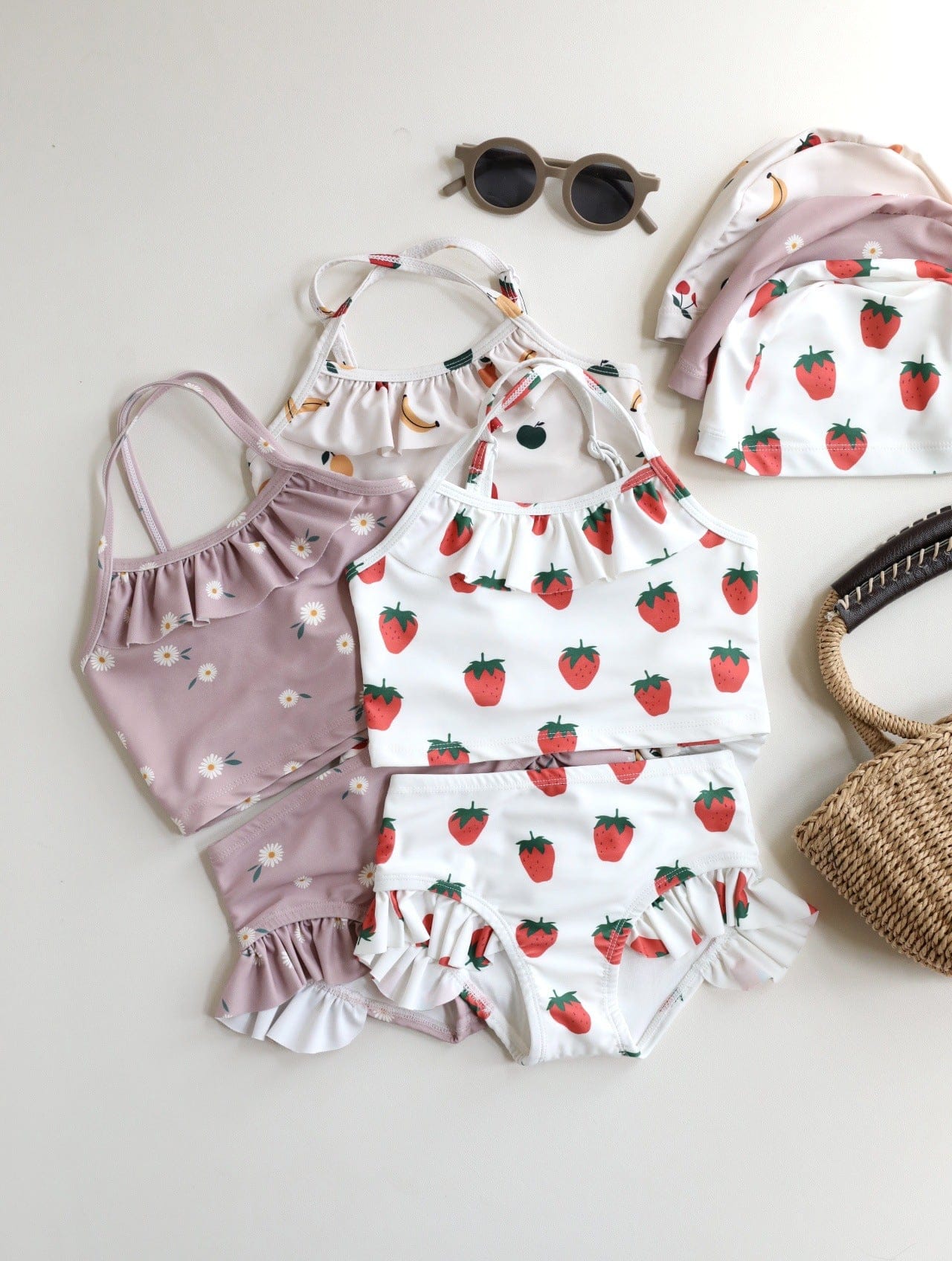 ベビー用水着 キッズ水着 ガールズ ビキニ キャミソールトップス+フリルパンツ フルーツ/フラワープリント 3カラー スイムウェア【mh0005984】