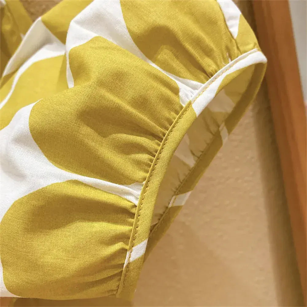 ノースリーブセットアップ キッズセットアップ 3点セット バックリボンノースリーブトップス+水玉ドットプリントルーズロングパンツ+麦わら帽子 マスタードイエロー【mh0006120】