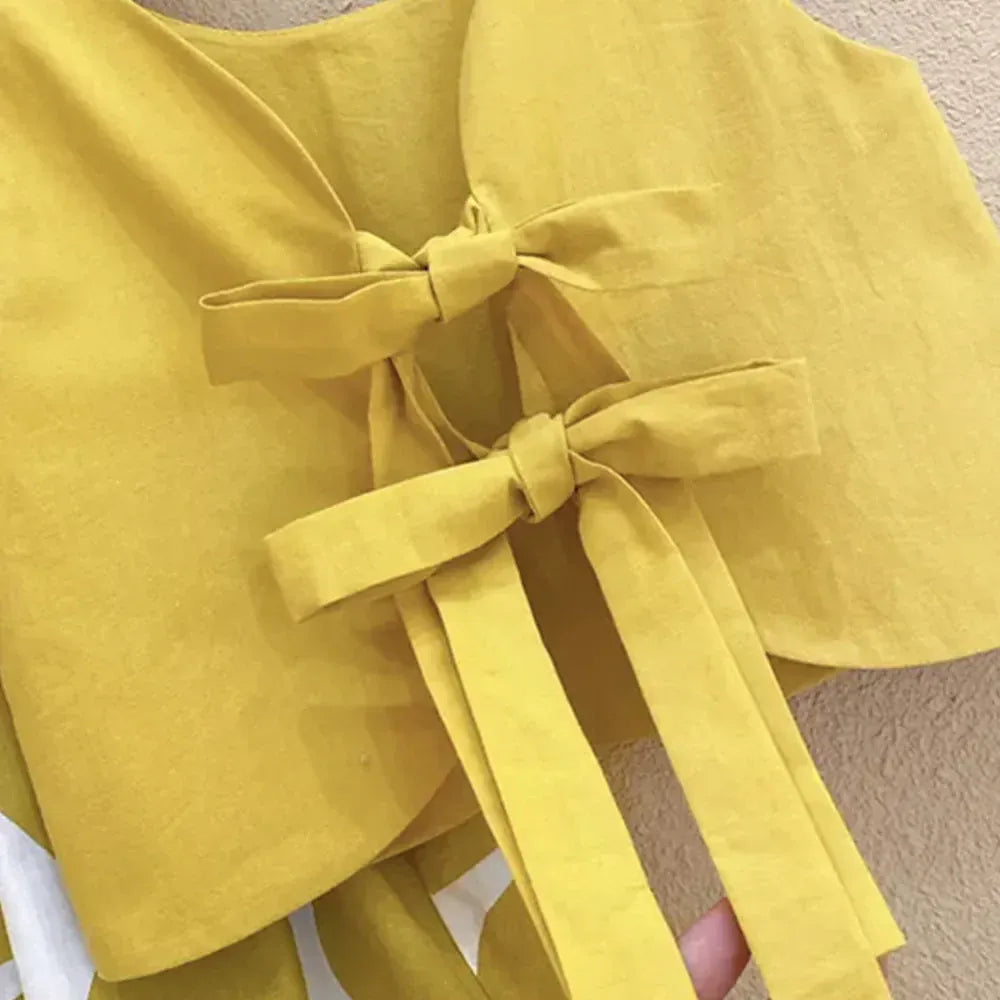 ノースリーブセットアップ キッズセットアップ 3点セット バックリボンノースリーブトップス+水玉ドットプリントルーズロングパンツ+麦わら帽子 マスタードイエロー【mh0006120】