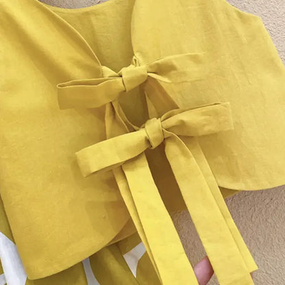 ノースリーブセットアップ キッズセットアップ 3点セット バックリボンノースリーブトップス+水玉ドットプリントルーズロングパンツ+麦わら帽子 マスタードイエロー【mh0006120】