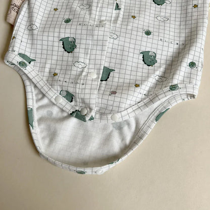 長袖ロンパース ベビーロンパース プリント柄フロントボタン長袖ボディスーツ 3カラー【mh0006786】