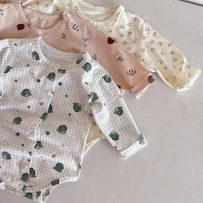 長袖ロンパース ベビーロンパース プリント柄フロントボタン長袖ボディスーツ 3カラー【mh0006786】