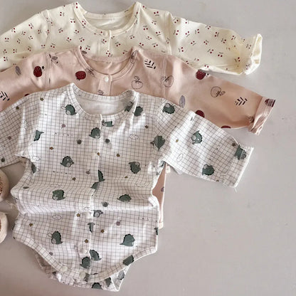 長袖ロンパース ベビーロンパース プリント柄フロントボタン長袖ボディスーツ 3カラー【mh0006786】