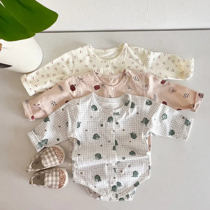 長袖ロンパース ベビーロンパース プリント柄フロントボタン長袖ボディスーツ 3カラー【mh0006786】