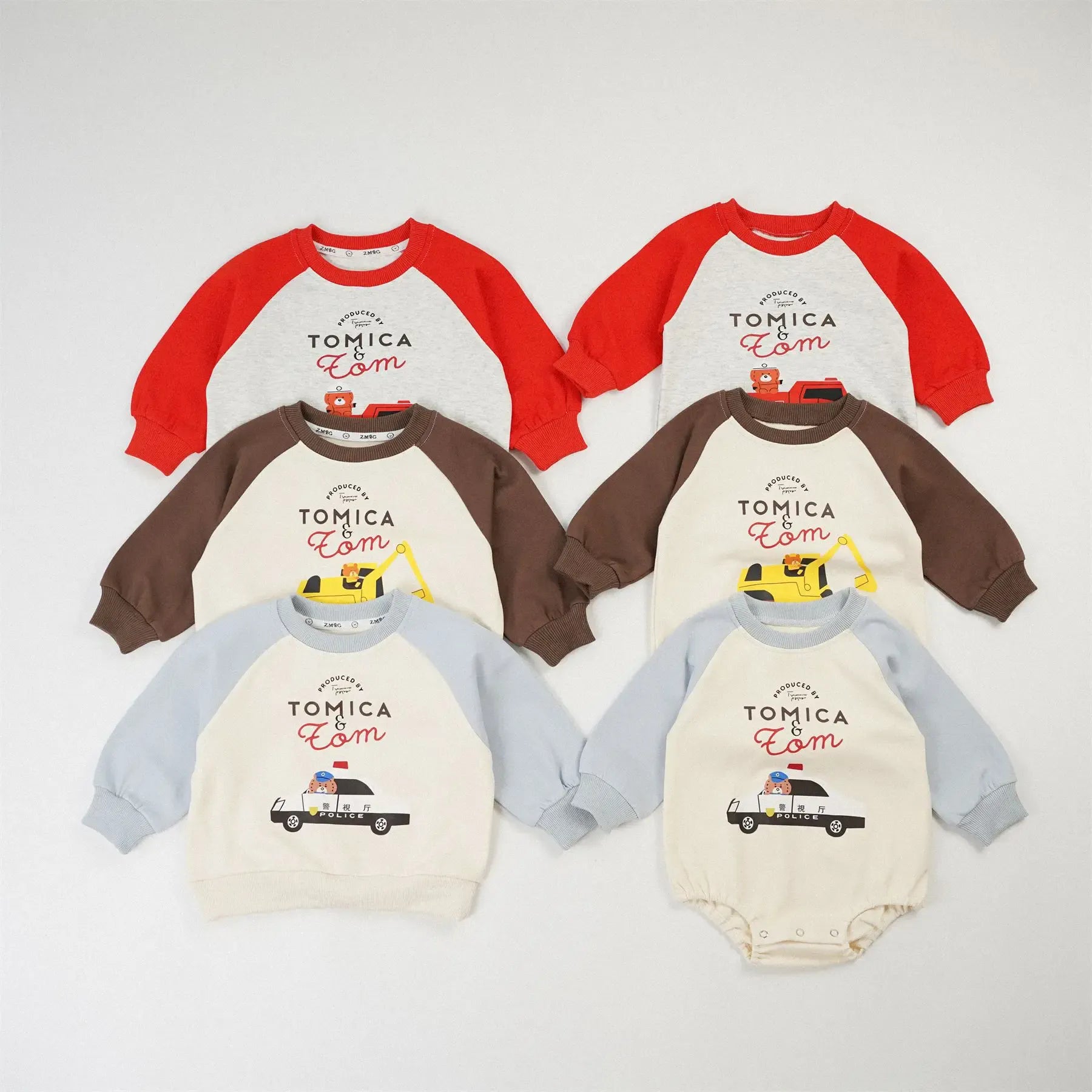 長袖ロンパース ベビーロンパース 乗り物車プリントラグランパッチワーク長袖ボディスーツ 3カラー【mh0006963】