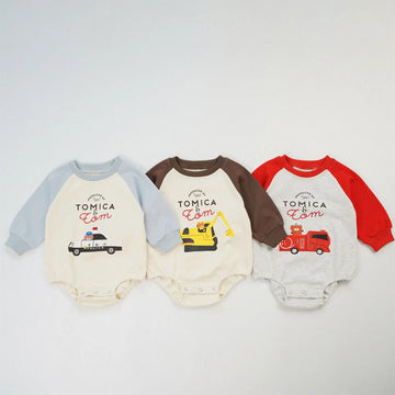 長袖ロンパース ベビーロンパース 乗り物車プリントラグランパッチワーク長袖ボディスーツ 3カラー【mh0006963】