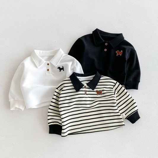 長袖シャツ・ブラウス ベビーキッズトップス ドッグワンポイント長袖ポロシャツ 無地/ボーダー3カラー【mh0007109】