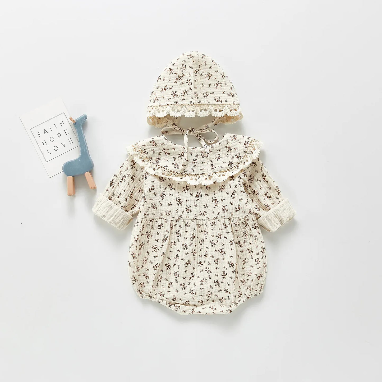 長袖ロンパース ベビーロンパース フリル襟フラワープリント長袖ボディスーツ＋フリルボンネット帽子セット 3カラー【mh0007448】