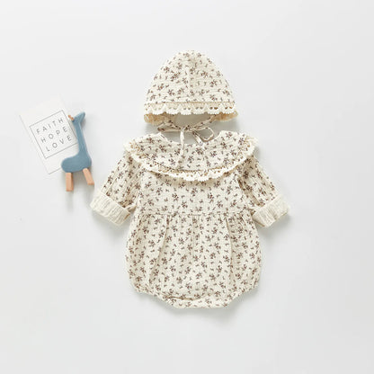 長袖ロンパース ベビーロンパース フリル襟フラワープリント長袖ボディスーツ＋フリルボンネット帽子セット 3カラー【mh0007448】
