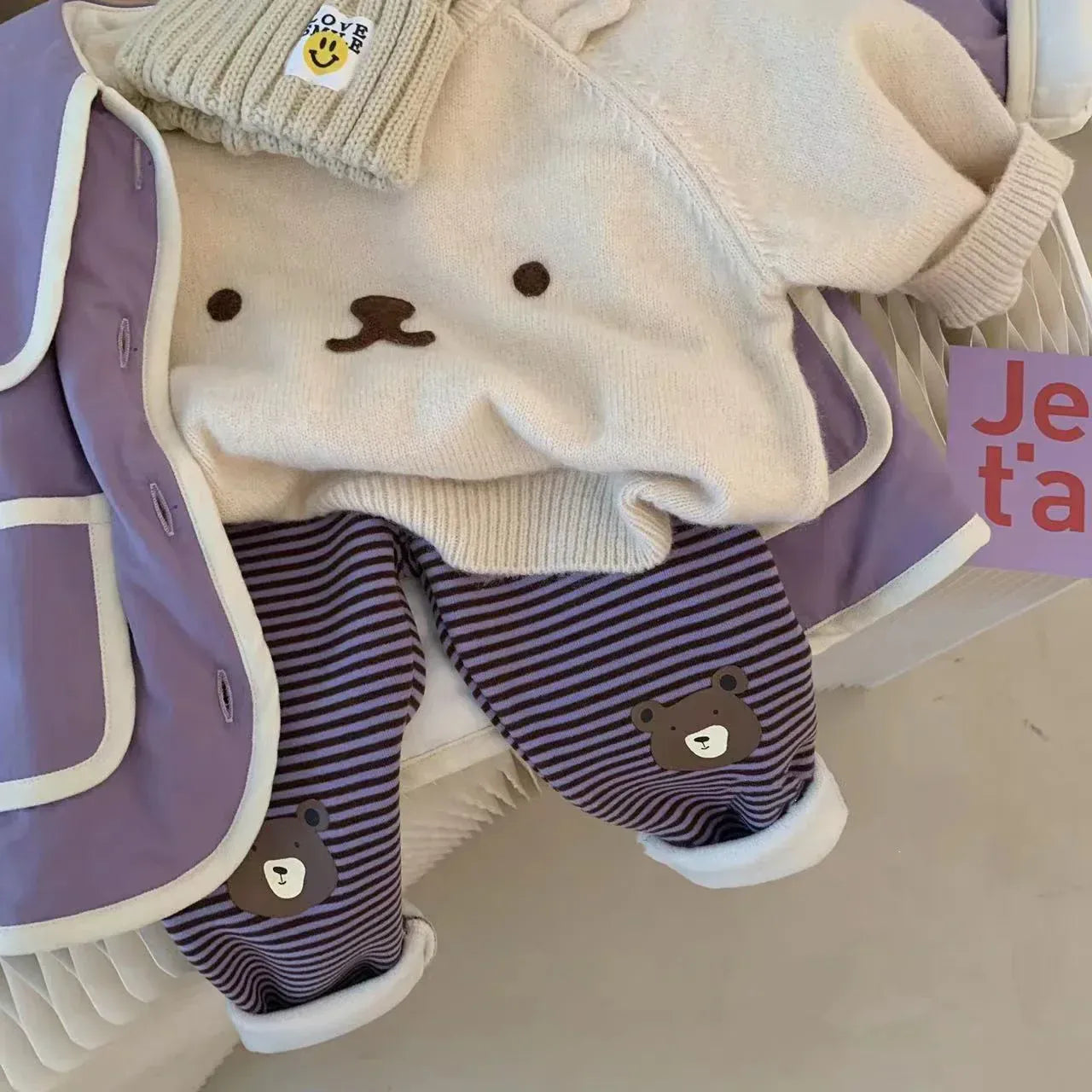 レギンスパンツ ベビーパンツ ベアくま膝パッチボーダー裏ボアフリースレギンスパンツ 3カラー【mh0007470】