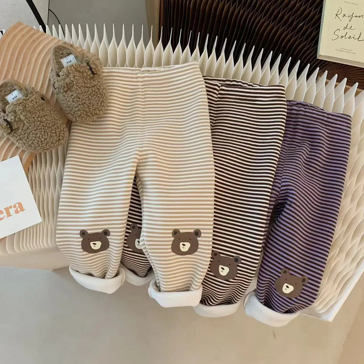 レギンスパンツ ベビーパンツ ベアくま膝パッチボーダー裏ボアフリースレギンスパンツ 3カラー【mh0007470】