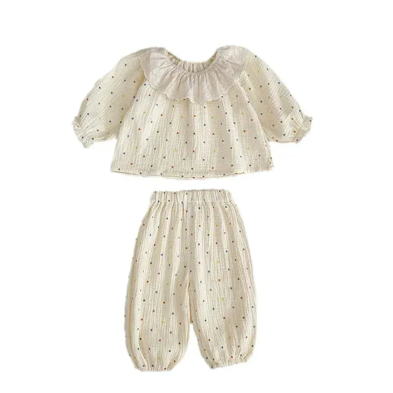 長袖パジャマ ベビーキッズパジャマ プリント柄ラッフルフリル襟長袖ブラウス+ロングパンツ 3デザイン【mh0007481】