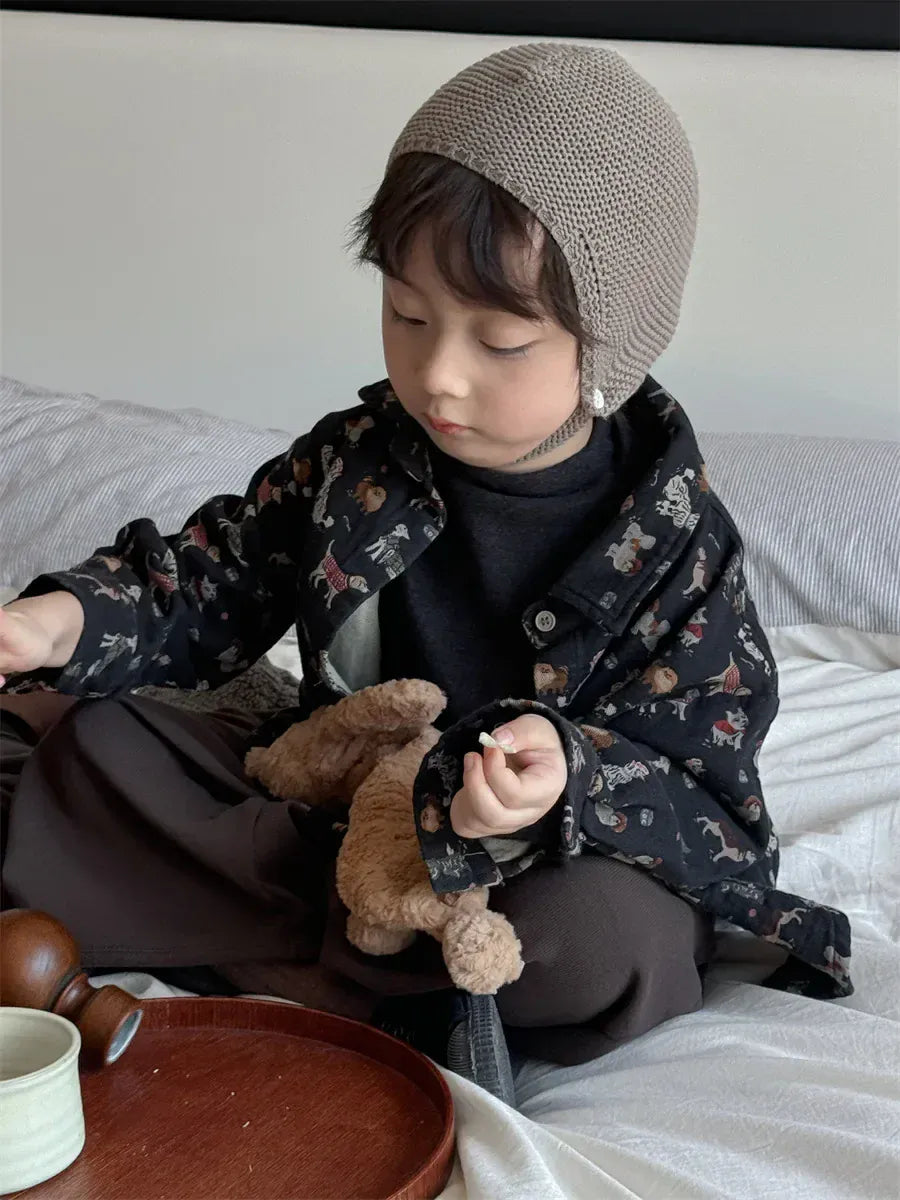 長袖シャツ・ブラウス キッズトップス 犬ドッグレトロプリント長袖シャツ 3カラー【mh0007543】