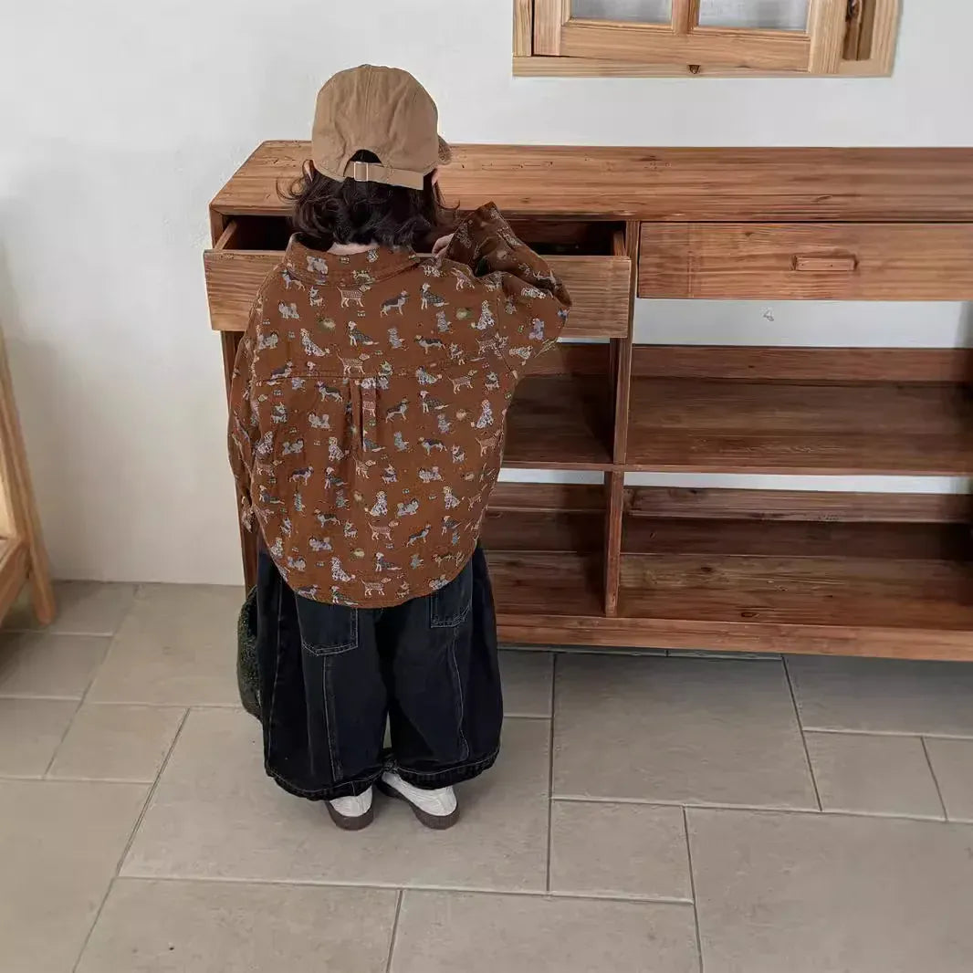 長袖シャツ・ブラウス キッズトップス 犬ドッグレトロプリント長袖シャツ 3カラー【mh0007543】