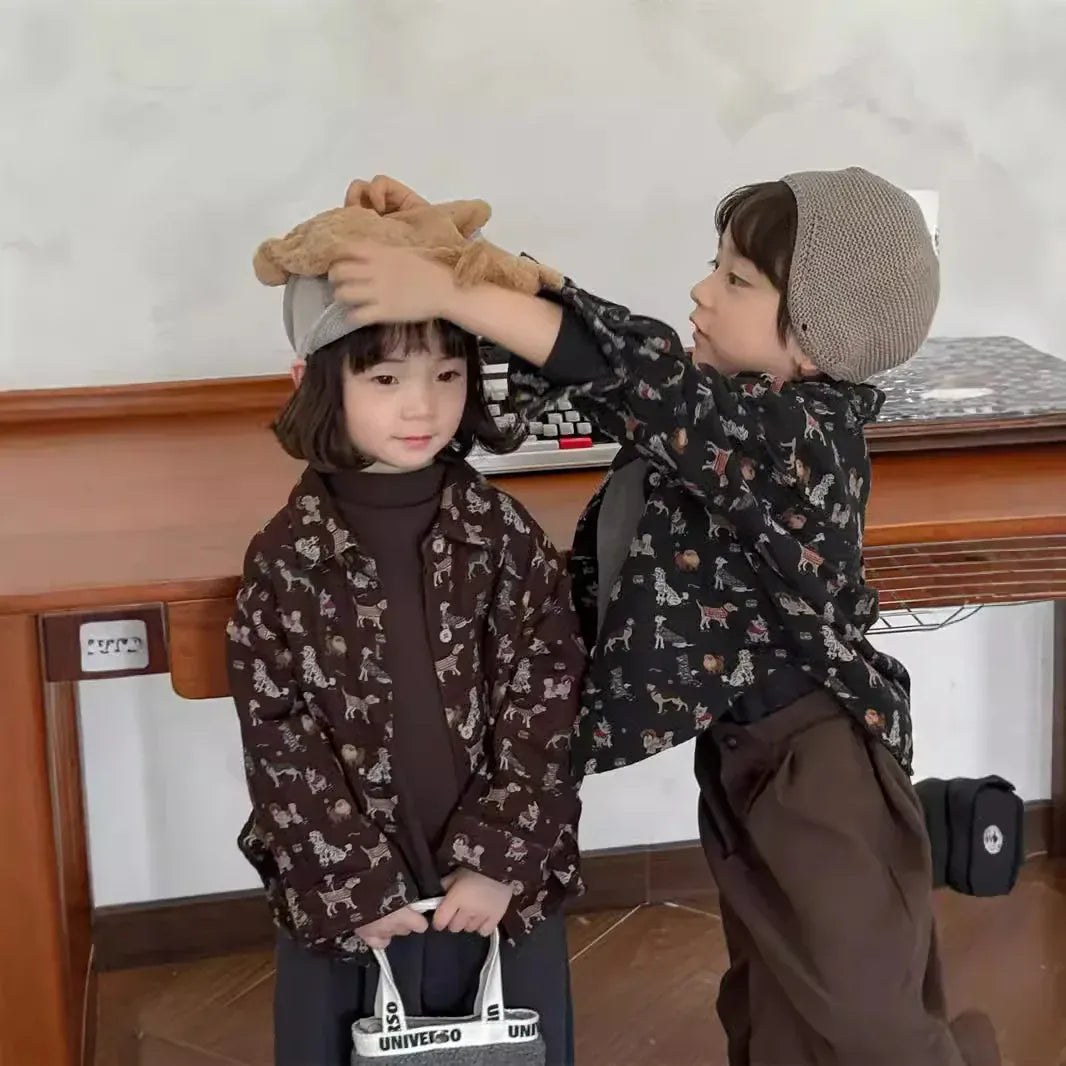 長袖シャツ・ブラウス キッズトップス 犬ドッグレトロプリント長袖シャツ 3カラー【mh0007543】