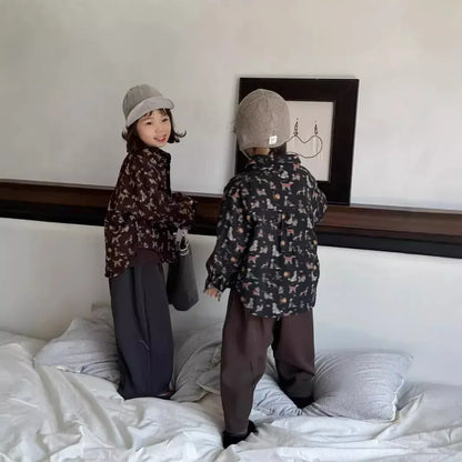 長袖シャツ・ブラウス キッズトップス 犬ドッグレトロプリント長袖シャツ 3カラー【mh0007543】