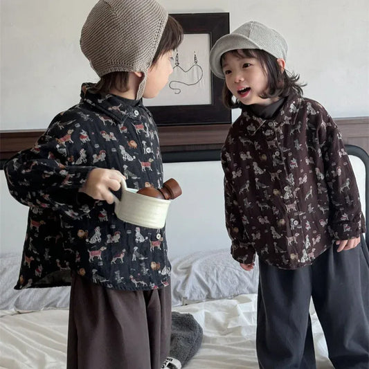 長袖シャツ・ブラウス キッズトップス 犬ドッグレトロプリント長袖シャツ 3カラー【mh0007543】