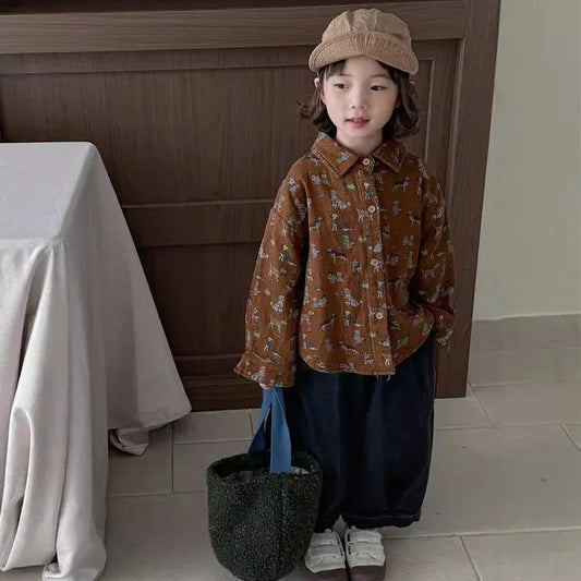 長袖シャツ・ブラウス キッズトップス 犬ドッグレトロプリント長袖シャツ 3カラー【mh0007543】