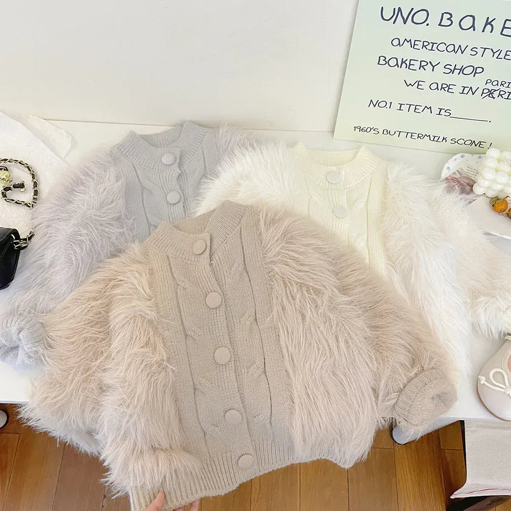 カーディガン・パーカー キッズカーディガン ファーフリースニットジャケット 3カラー【mh0007557】