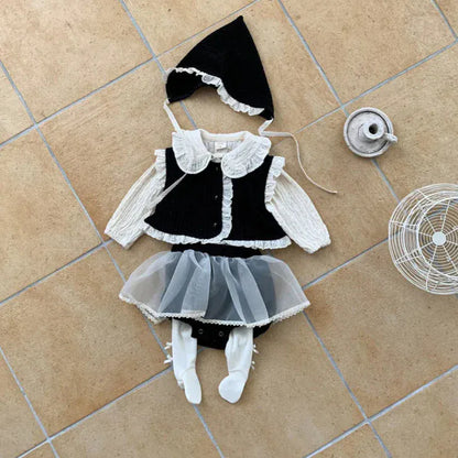 長袖セットアップ ベビーセットアップ 3点セット フリルベスト+チュールスカートドッキングブルマパンツ+ボンネット帽子【mh0008312】