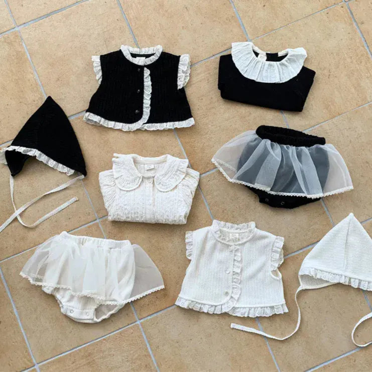 長袖セットアップ ベビーセットアップ 3点セット フリルベスト+チュールスカートドッキングブルマパンツ+ボンネット帽子【mh0008312】