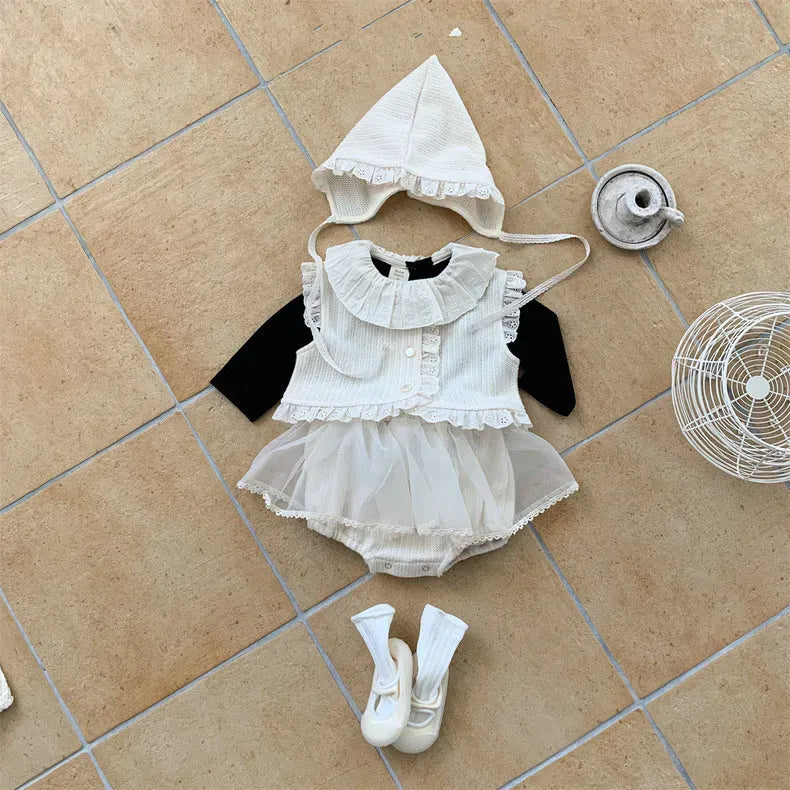 長袖セットアップ ベビーセットアップ 3点セット フリルベスト+チュールスカートドッキングブルマパンツ+ボンネット帽子【mh0008312】