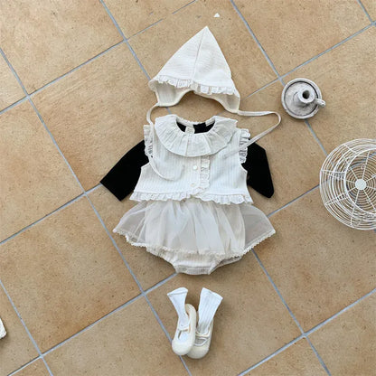 長袖セットアップ ベビーセットアップ 3点セット フリルベスト+チュールスカートドッキングブルマパンツ+ボンネット帽子【mh0008312】
