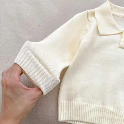 長袖セットアップ ベビーセットアップ 3点セット ニット長袖ポロシャツ+ニットサスペンダーショートパンツ+ベレー帽【mh0008555】