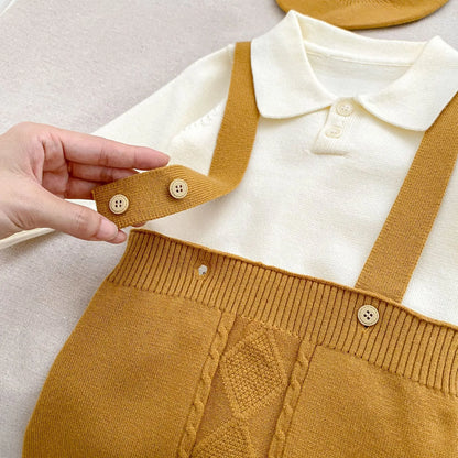 長袖セットアップ ベビーセットアップ 3点セット ニット長袖ポロシャツ+ニットサスペンダーショートパンツ+ベレー帽【mh0008555】