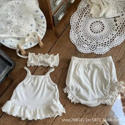 幼児用下着 ベビーセットアップ 3点セット キャミソール+フリルブルマパンツ+リボンヘアバンド インナー肌着下着セット【mh0008792】