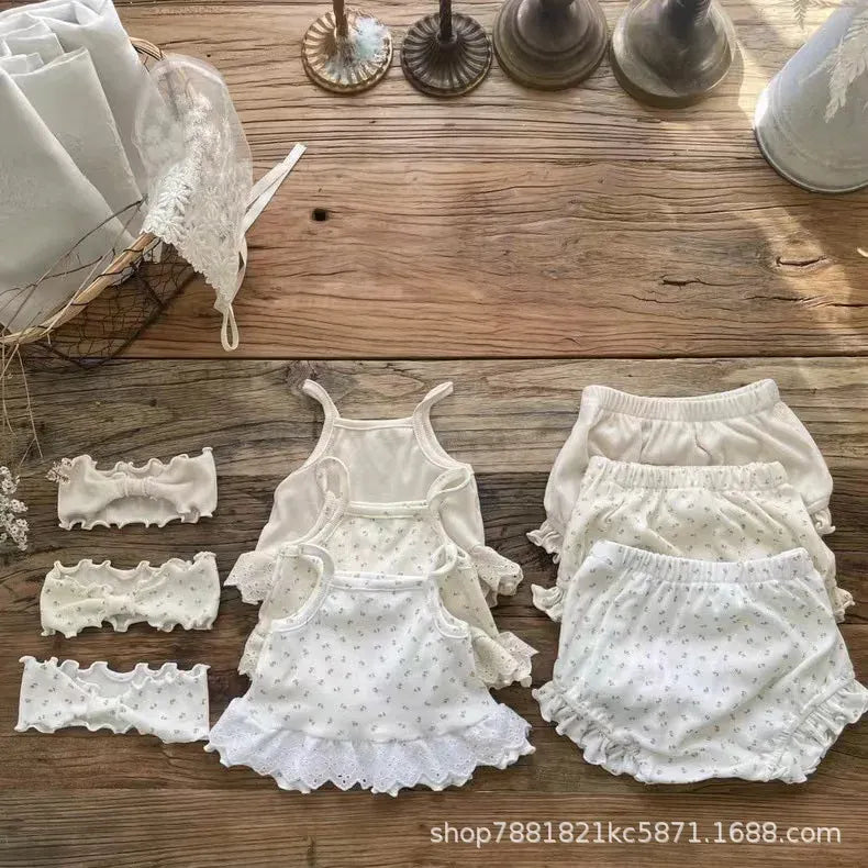 幼児用下着 ベビーセットアップ 3点セット キャミソール+フリルブルマパンツ+リボンヘアバンド インナー肌着下着セット【mh0008792】