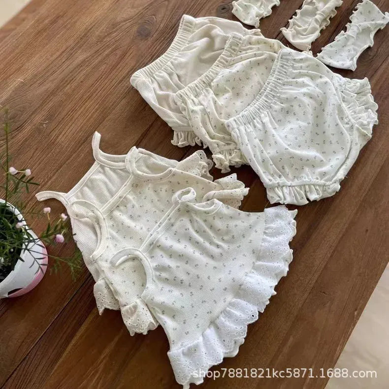 幼児用下着 ベビーセットアップ 3点セット キャミソール+フリルブルマパンツ+リボンヘアバンド インナー肌着下着セット【mh0008792】