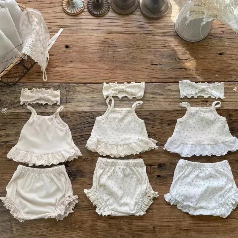 幼児用下着 ベビーセットアップ 3点セット キャミソール+フリルブルマパンツ+リボンヘアバンド インナー肌着下着セット【mh0008792】