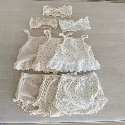 幼児用下着 ベビーセットアップ 3点セット キャミソール+フリルブルマパンツ+リボンヘアバンド インナー肌着下着セット【mh0008792】